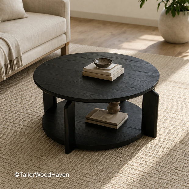 Black wood round coffee table with balanced proportions and solid construction