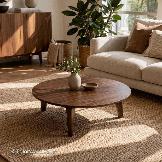 Modern round coffee table made from solid wood with clean edges