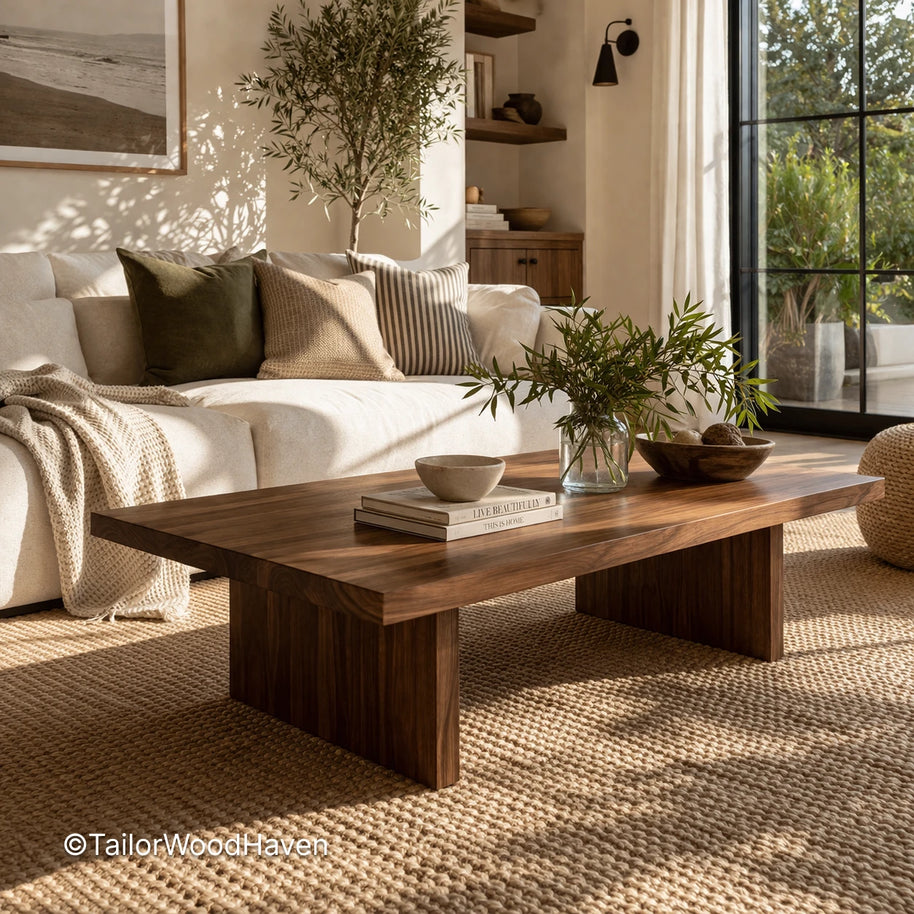Solid wood rectangular coffee table with brown finish and smooth surface