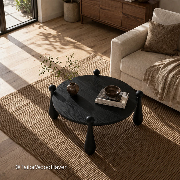 Modern black round coffee table with clean edges and balanced shape