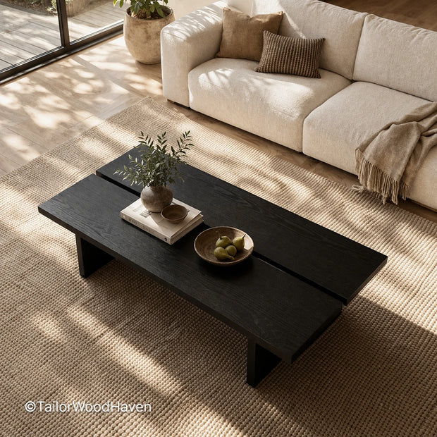 Black rectangle coffee table with clean lines and modern minimalist design