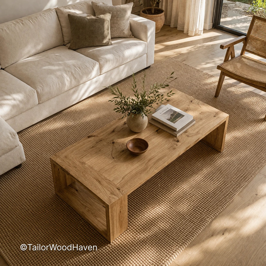 Solid oak wood coffee table with rectangular top and smooth durable finish