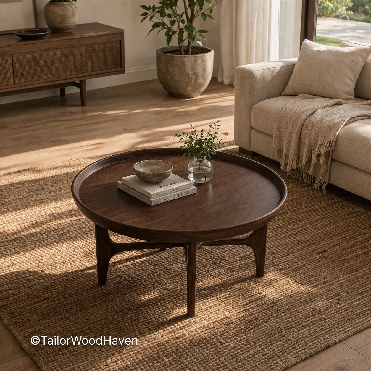 Minimal round dark wood coffee table with balanced proportions and structured form