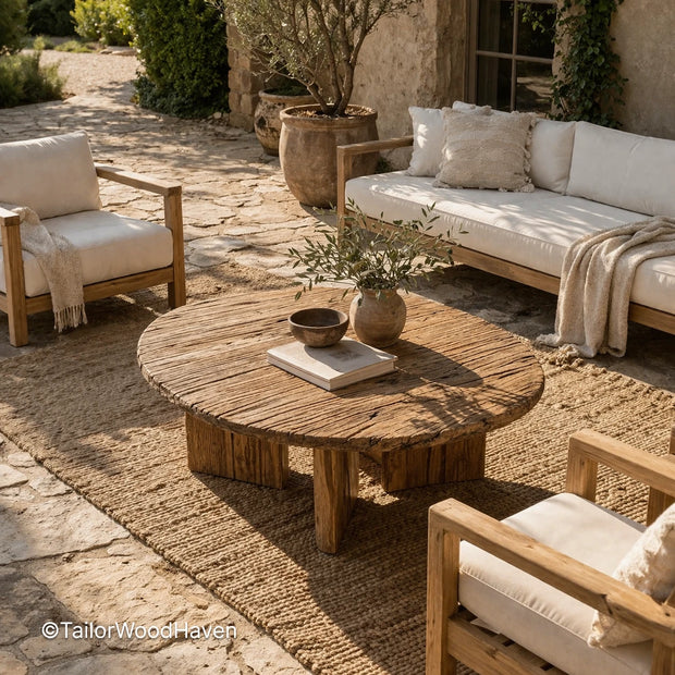 Simple rustic wood coffee table with smooth surface and sturdy construction