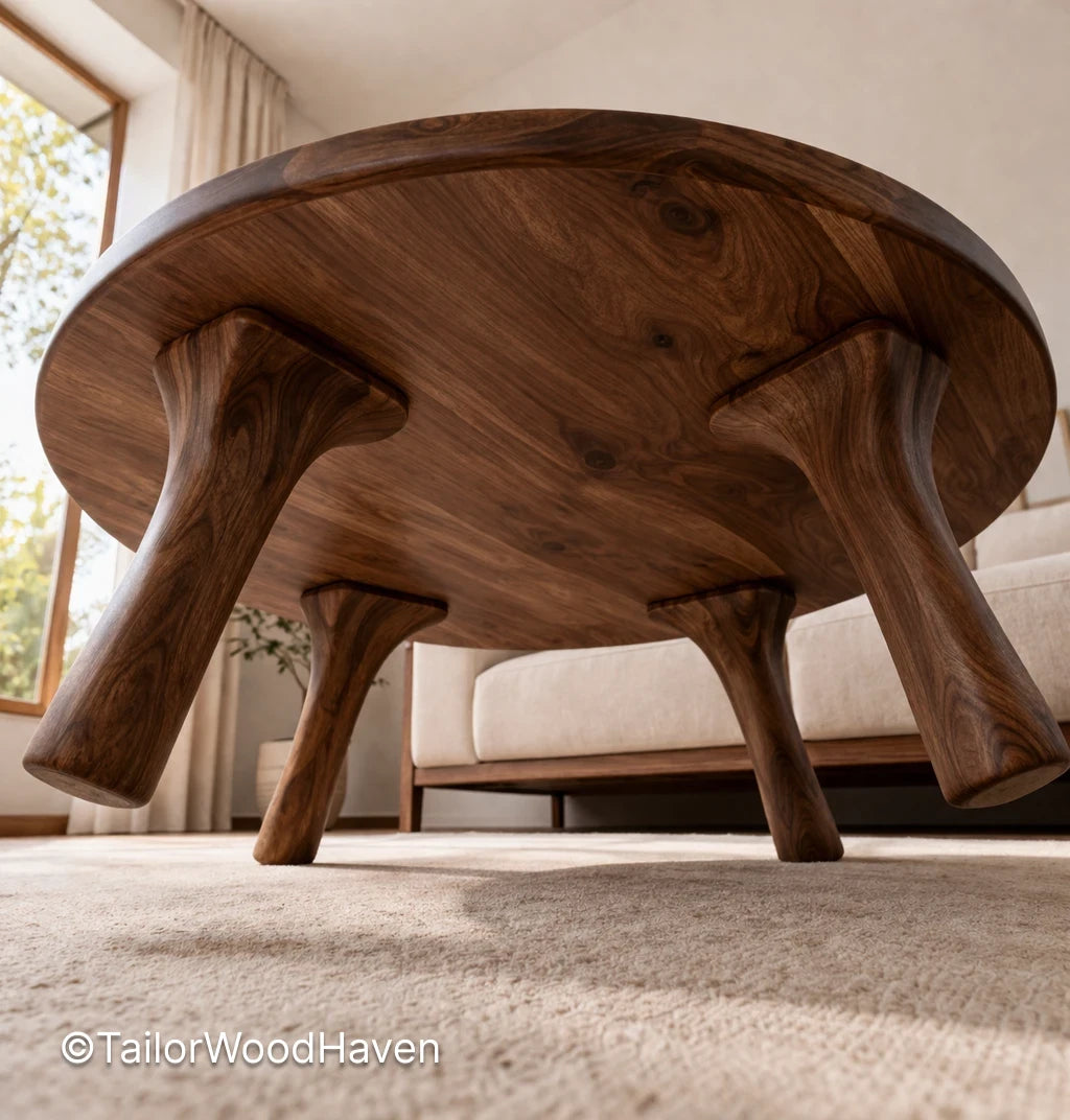 Wooden oval coffee table in solid wood with natural grain and smooth surface