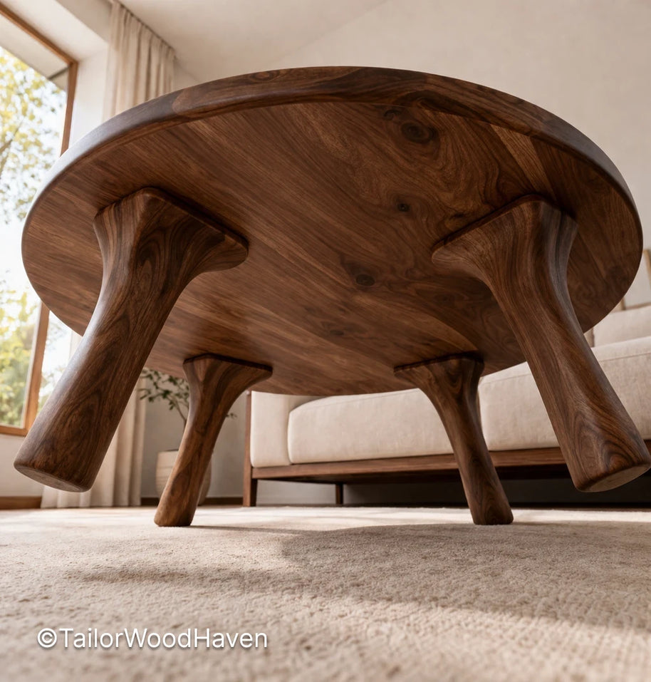 Wooden oval coffee table in solid wood with natural grain and smooth surface