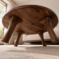 Wooden oval coffee table in solid wood with natural grain and smooth surface