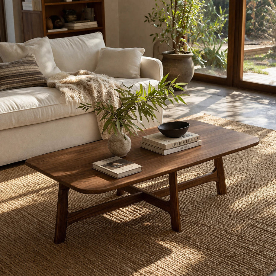 Brown solid wood coffee table with clean edges and warm finish