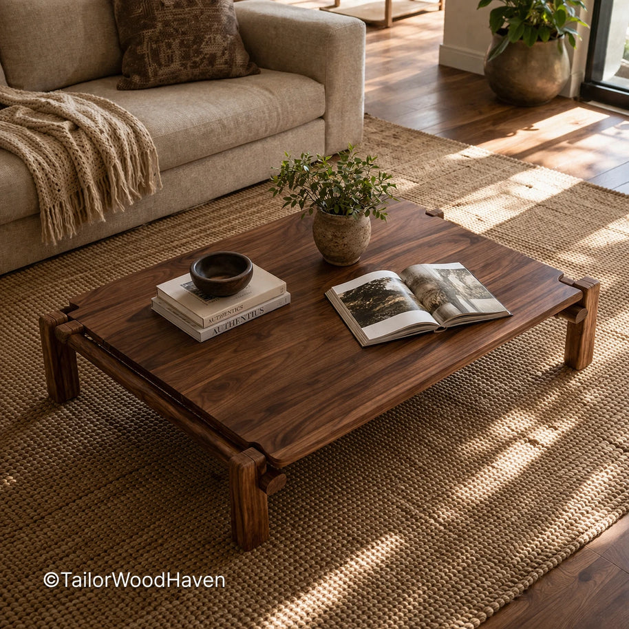 Minimal large square wood coffee table with smooth surface and clean edges