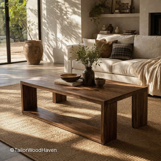 Minimal natural wood coffee table with smooth surface and balanced proportions