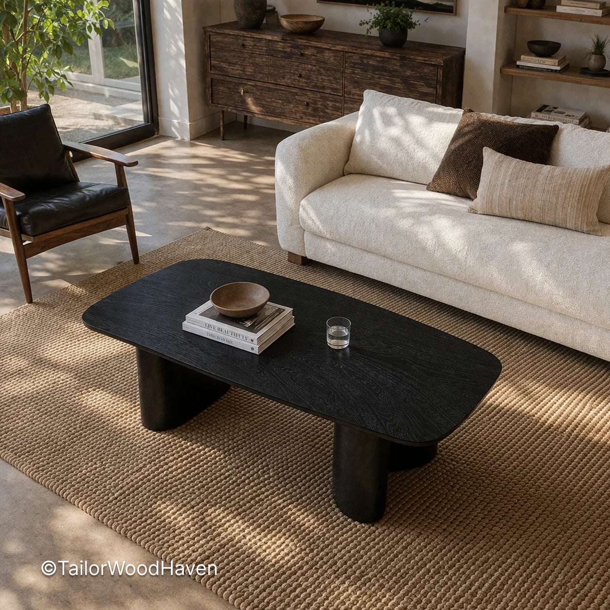 Solid wood rectangular coffee table with black finish and smooth surface