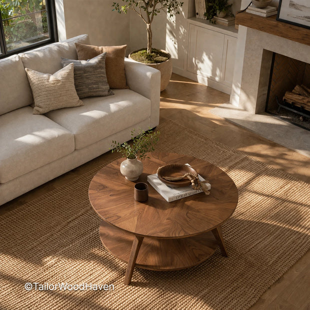 Round coffee table for living room with solid wood construction and balanced proportions