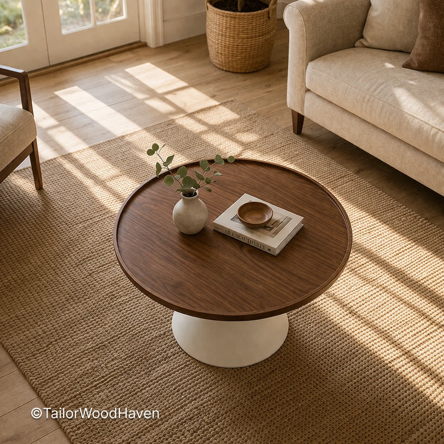 Extra large round coffee table with solid wood construction and balanced proportions
