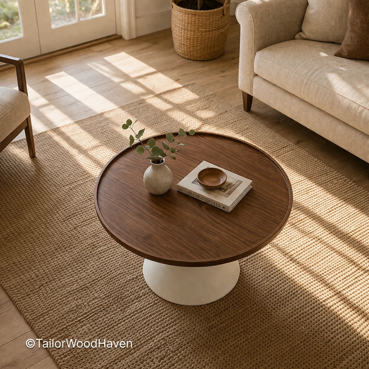 Extra large round coffee table with solid wood construction and balanced proportions