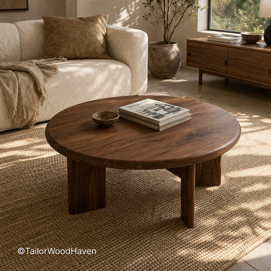Round coffee table made from solid wood with clean edges and balanced shape