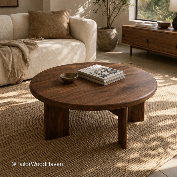 Round coffee table made from solid wood with clean edges and balanced shape