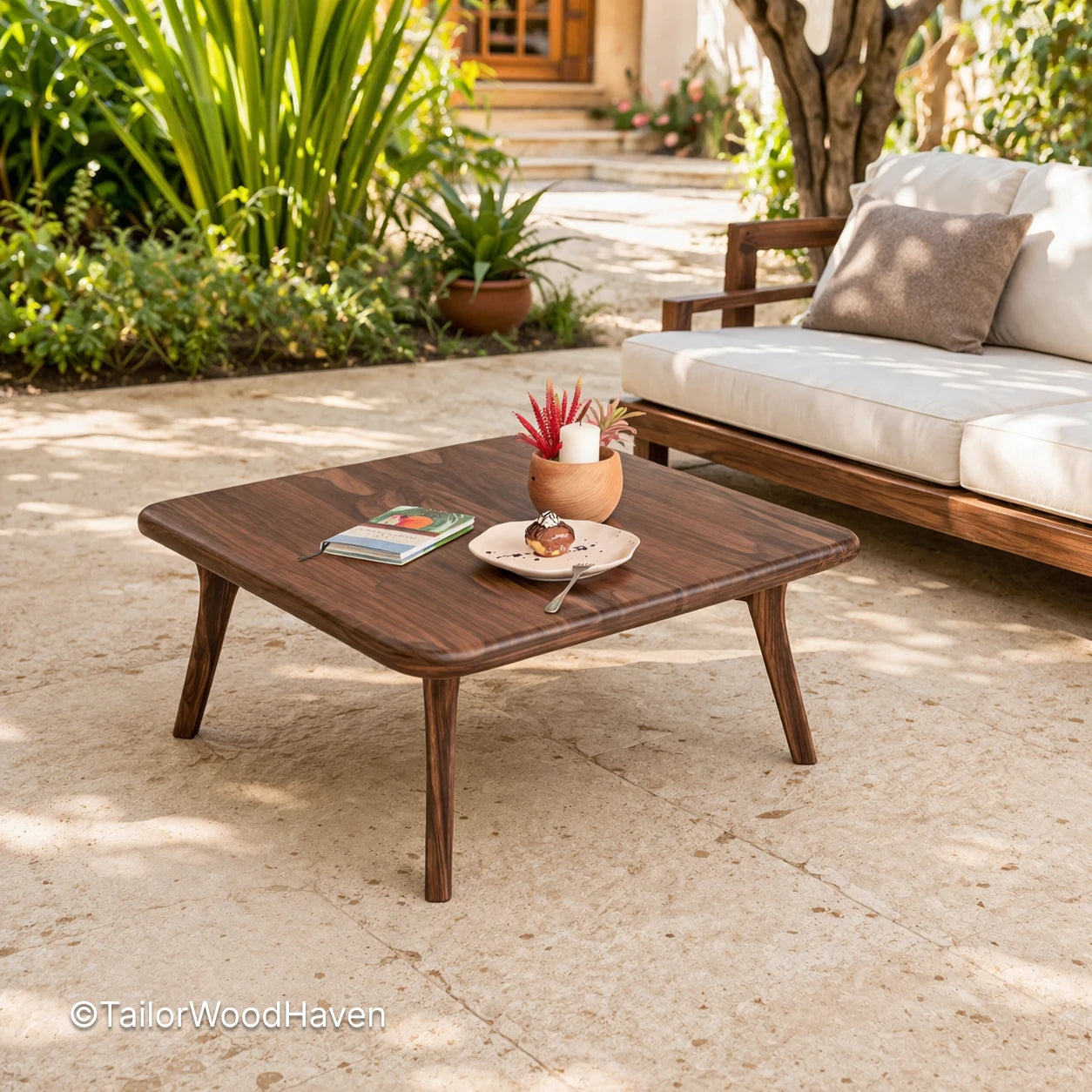 Solid wood square coffee table with natural grain and space-saving size