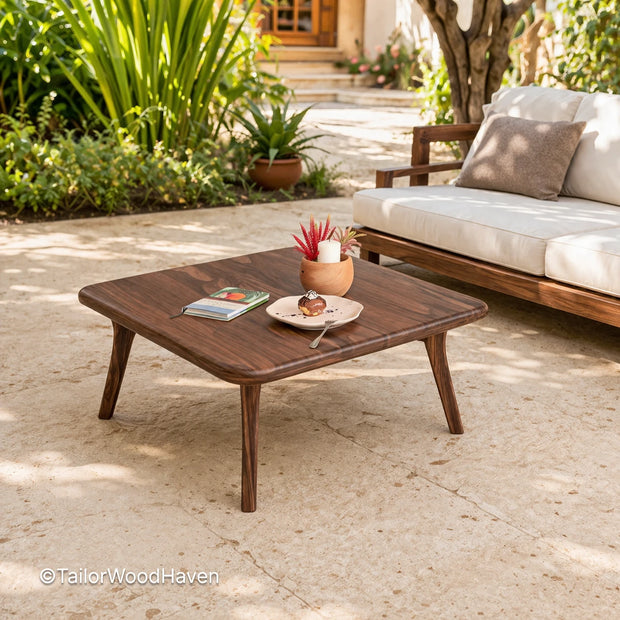 Solid wood square coffee table with natural grain and space-saving size