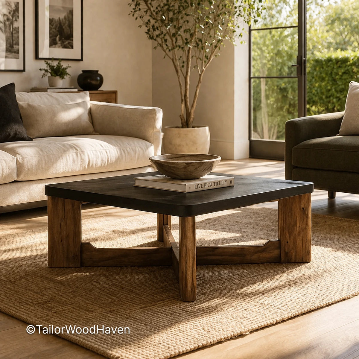 Square coffee table in dark wood with natural grain and durable finish