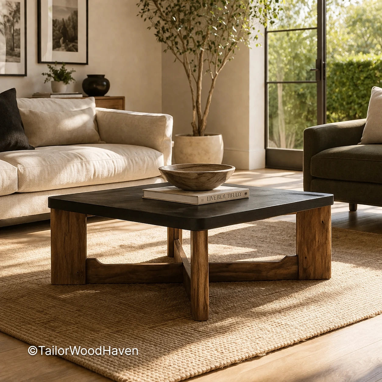 Square coffee table in dark wood with natural grain and durable finish