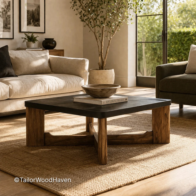 Square coffee table in dark wood with natural grain and durable finish