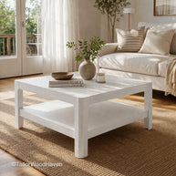 Solid wood rectangular coffee table with white finish and smooth surface