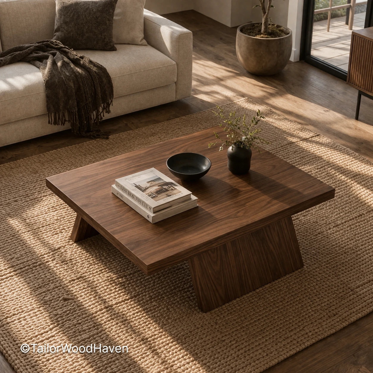 Large solid wood rectangular coffee table with natural grain and durable finish