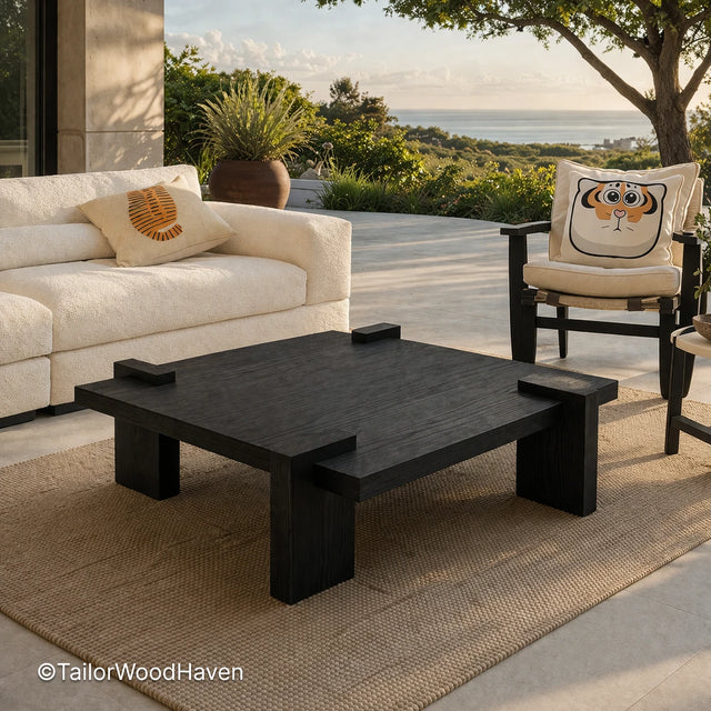 Solid wood square coffee table with black finish and smooth durable surface