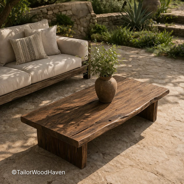 Solid wood rustic coffee table with square shape and durable natural finish