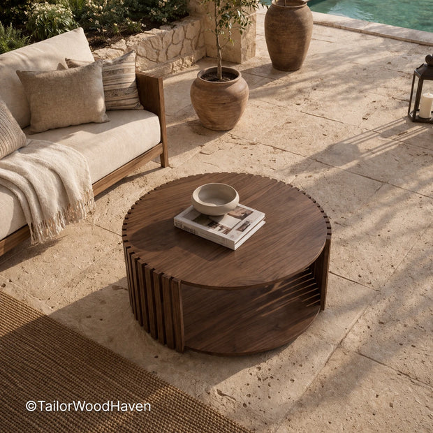 Minimalist round coffee table made from solid hardwood with clean edges