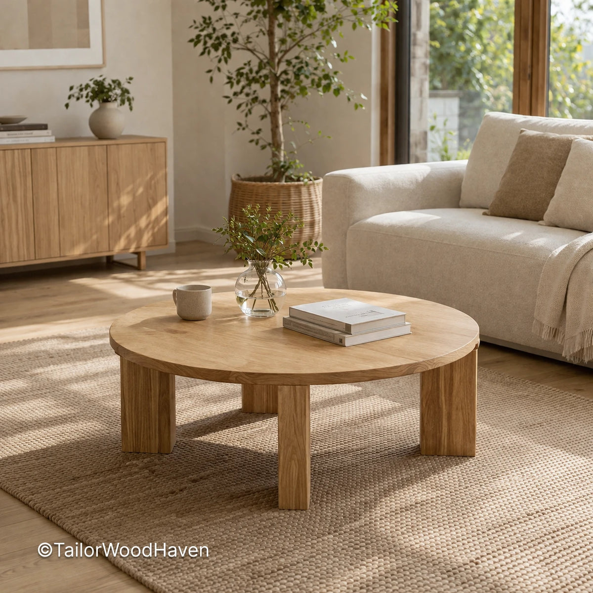 Solid oak round coffee table with clean edges and smooth surface