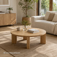 Solid oak round coffee table with clean edges and smooth surface