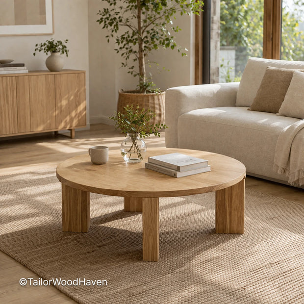 Solid oak round coffee table with clean edges and smooth surface
