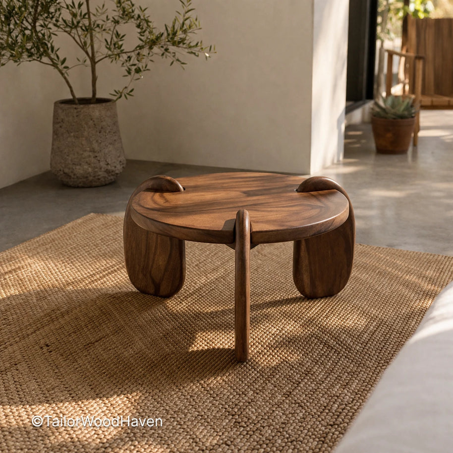 Minimal small round wood coffee table with smooth surface and clean edges