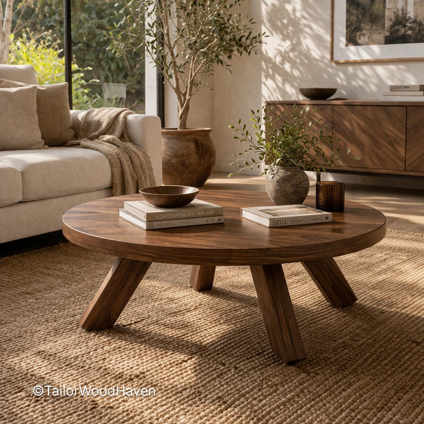 Minimal round wooden coffee table with smooth surface and balanced proportions
