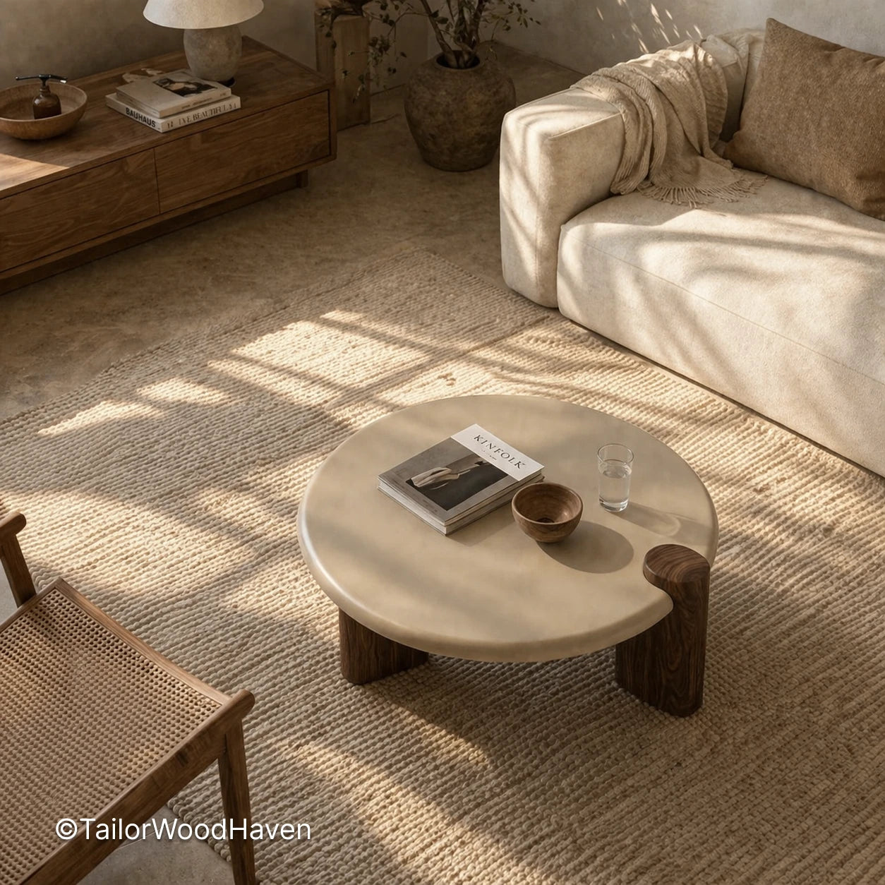Minimal white round coffee table with clean edges and balanced shape