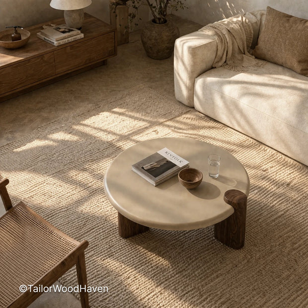 Minimal white round coffee table with clean edges and balanced shape