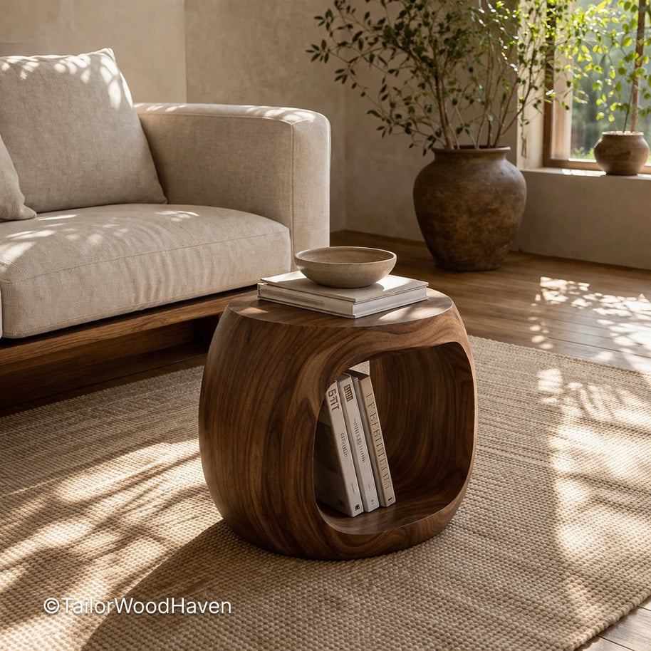 Small space round coffee table with solid wood construction and balanced proportions