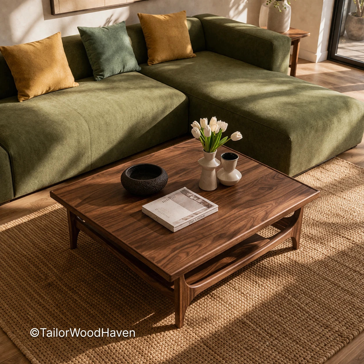 Solid wood 30 inch square coffee table with natural grain and smooth finish
