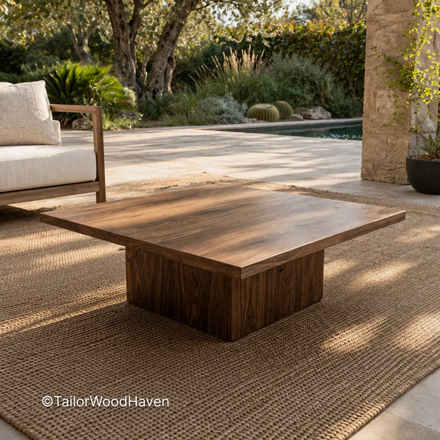 Large square solid wood coffee table with clean edges and sturdy construction