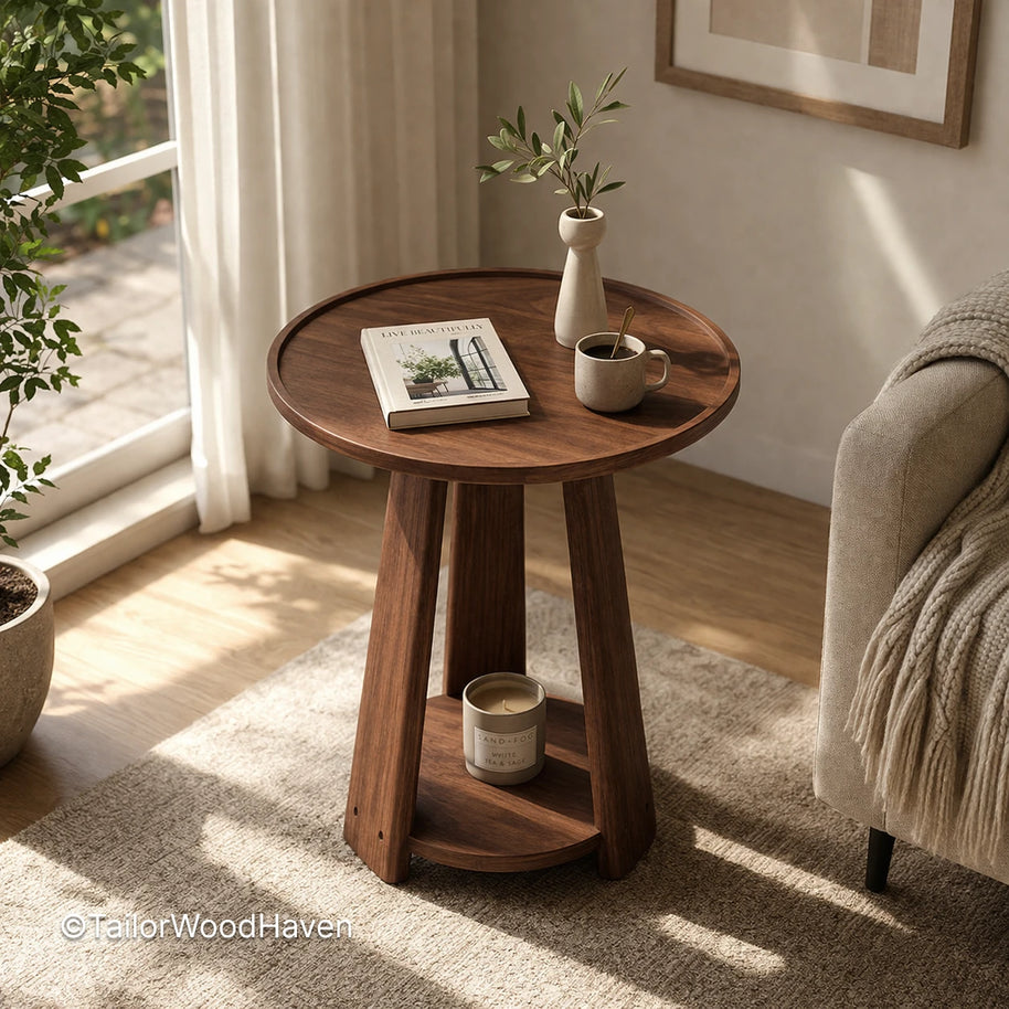Compact circular table with solid wood construction and clean edges