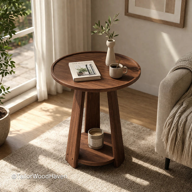 Compact circular table with solid wood construction and clean edges
