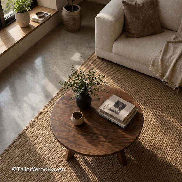 Round rustic coffee table with solid wood construction and visible grain texture