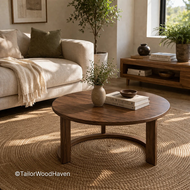 Small round coffee table with solid wood construction and clean edges