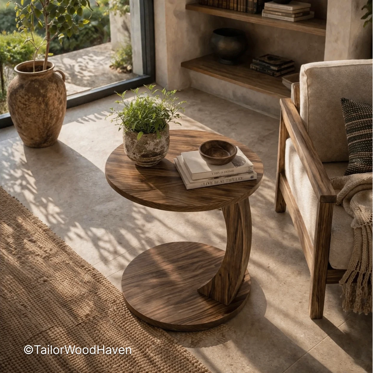 Compact round coffee table made from solid wood with clean edges