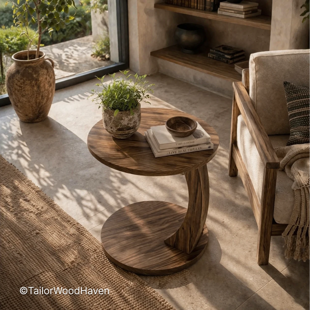 Compact round coffee table made from solid wood with clean edges