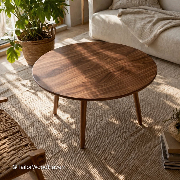 Round coffee table in mid century modern style with clean edges