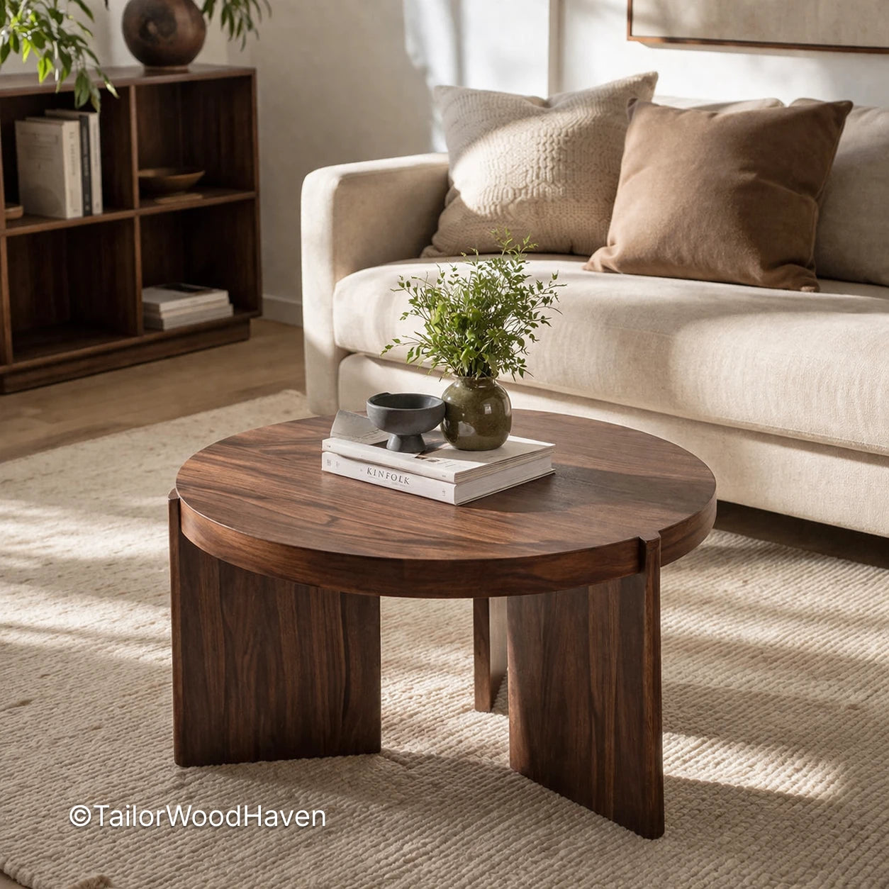 Minimal round solid wood coffee table with smooth surface and balanced proportions
