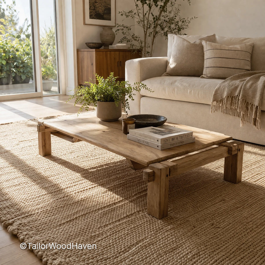 Minimal mid century modern wood coffee table with smooth surface and structured form