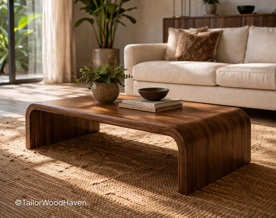 Solid wood coffee table with rounded edges and natural grain finish